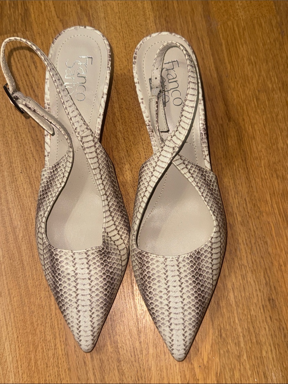Franco Sarto Snake-Print Pointed Slingback Flats in Light Gray and Cream